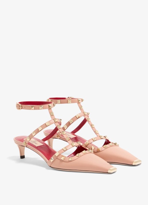 Valentino Garavani Rockstud sandalette van geitenleer met studs - voorkant 3 roze