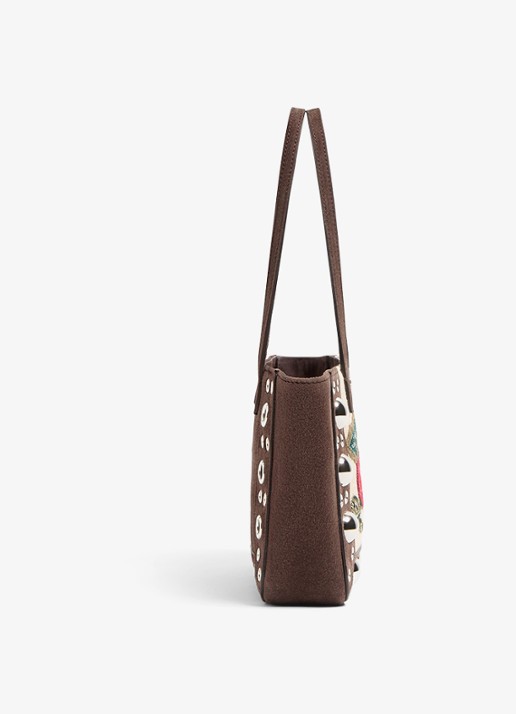 Valentino Garavani Shopper van suède met borduring - detail 5 donkerbruin