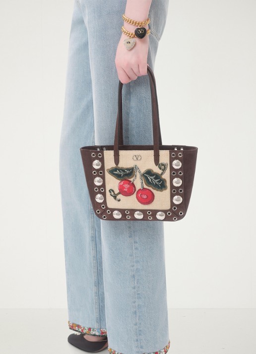 Valentino Garavani Shopper van suède met borduring - voorkant 2 donkerbruin