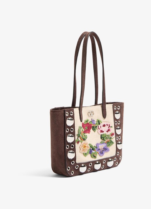Valentino Garavani Shopper van suède met kralendecoratie - detail donkerbruin