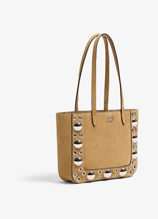 Valentino Garavani Shopper van suède met studs - voorkant 2 beige