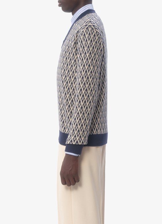 Valentino Garavani Toute la V fijngebreide pullover van scheerwol met grafische print - detail 5 donkerblauw