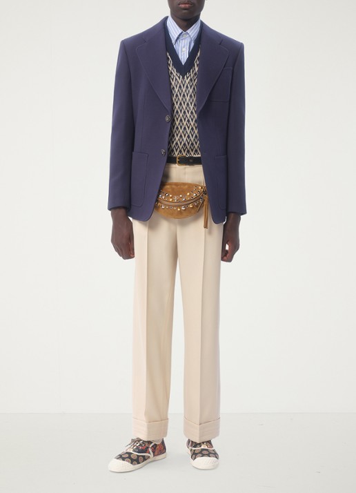 Valentino Garavani Toute la V fijngebreide pullover van scheerwol met grafische print - voorkant 3 donkerblauw