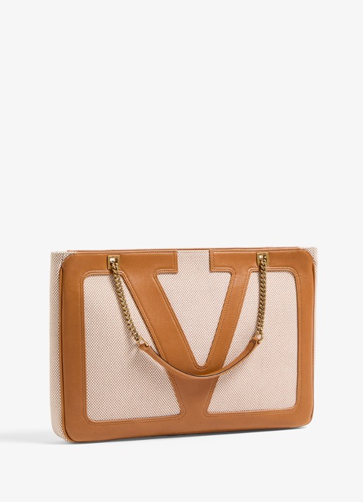 Valentino Garavani Viva Superstar Medium schoudertas van canvas met lamsleren details - detail 4 camel