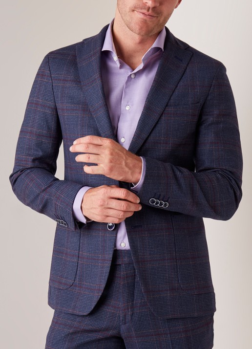 Van Gils Elray tailored fit colbert van scheerwol met ruitdessin - detail 3 donkerblauw