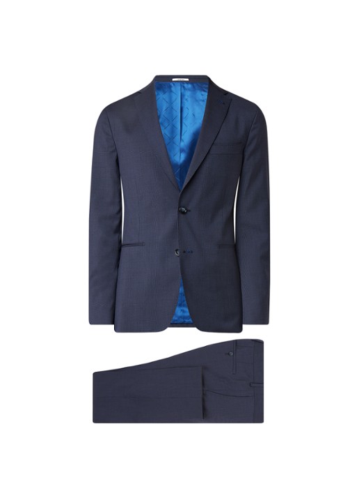 Van Gils Elray Welt tailored fit pak van scheerwol met micro pied-de-poule desisn - voorkant 2 donkerblauw