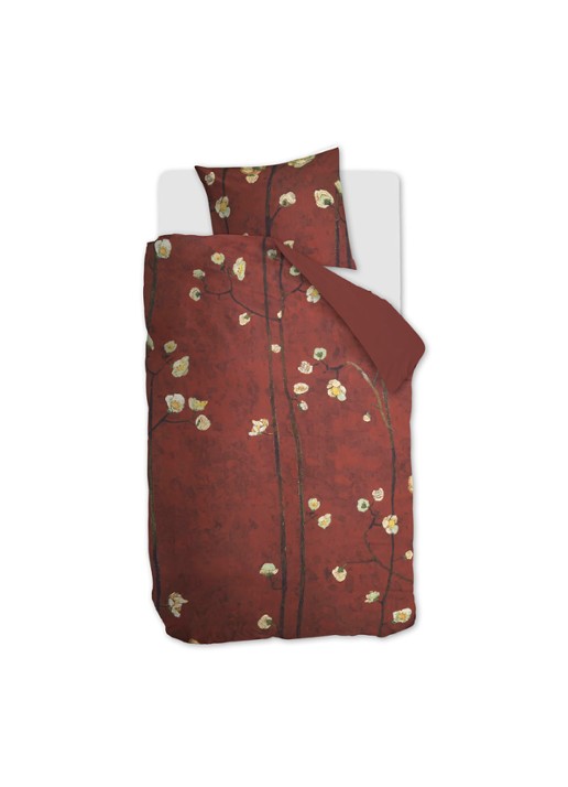 Van Gogh Museum Plum Blossoms dekbedovertrekset van katoensatijn 220 TC - inclusief kussenslopen - voorkant donkerrood