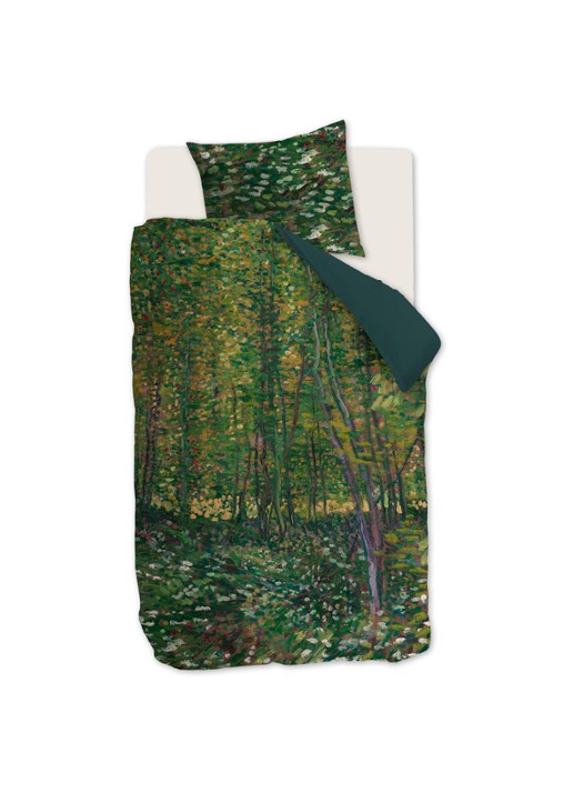 Van Gogh Museum Trees katoensatijn dekbedovertrekset - inclusief kussensloop - voorkant lindegroen