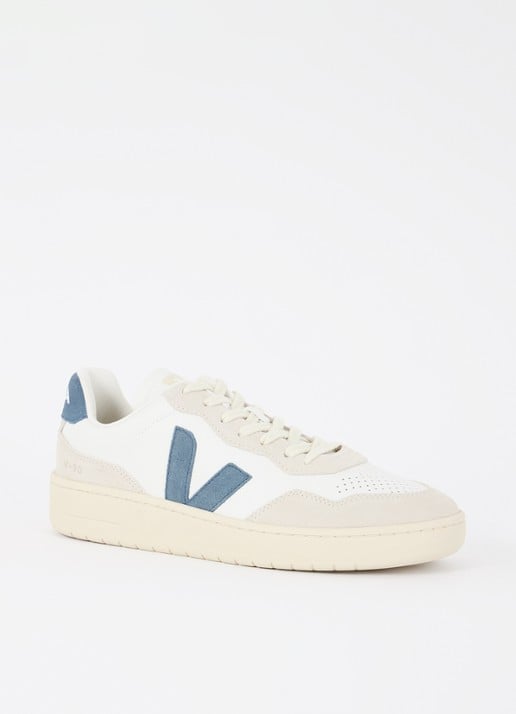 Veja V-90 sneaker van leer met suède details - voorkant wit