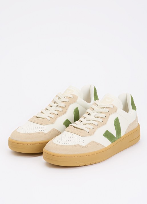 Veja V-90 sneaker van leer met suède details - detail 4 gebroken wit