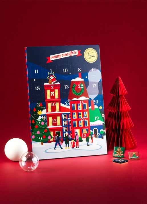Venchi Alice adventskalender met chocolade - 24 dagen - voorkant 2 donkerblauw