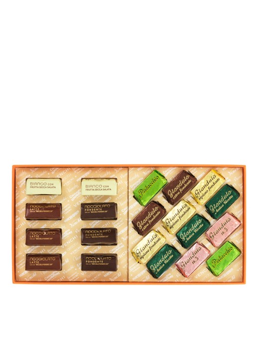Venchi Chocolade Murrine giftbox 223 gram - achterkant multicolor