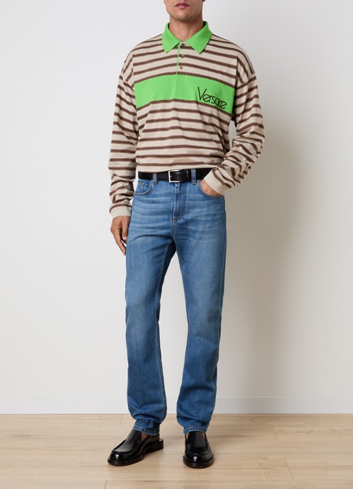 Versace Intarsia regular fit polo met logoborduring - voorkant 2 zand