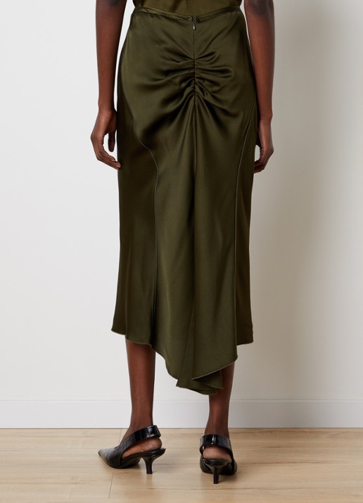 Victoria Beckham Bela midi rok van satijn met ruches - achterkant 3 mosgroen