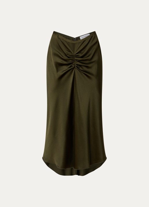 Victoria Beckham Bela midi rok van satijn met ruches - voorkant mosgroen