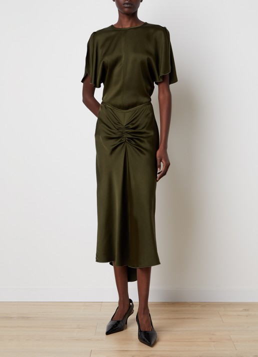 Victoria Beckham Bela midi rok van satijn met ruches - voorkant 2 mosgroen