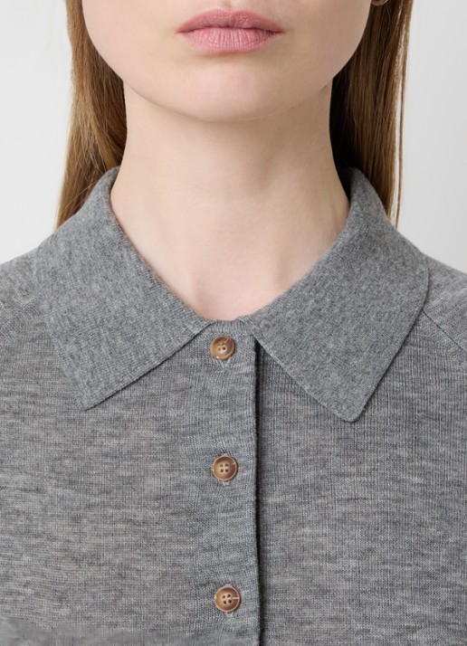 Victoria Beckham Fijngebreide top van wol met polokraag - detail 3 grijs