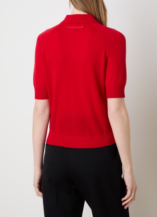 Victoria Beckham Fijngebreide top van wol met polokraag - achterkant rood