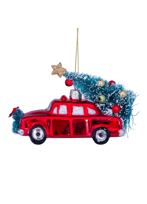 Vondels Auto met Kerstboom kersthanger 7,5 cm - detail rood