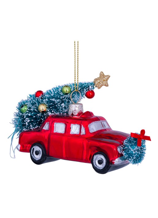 Vondels Auto met Kerstboom kersthanger 7,5 cm - detail 2 rood