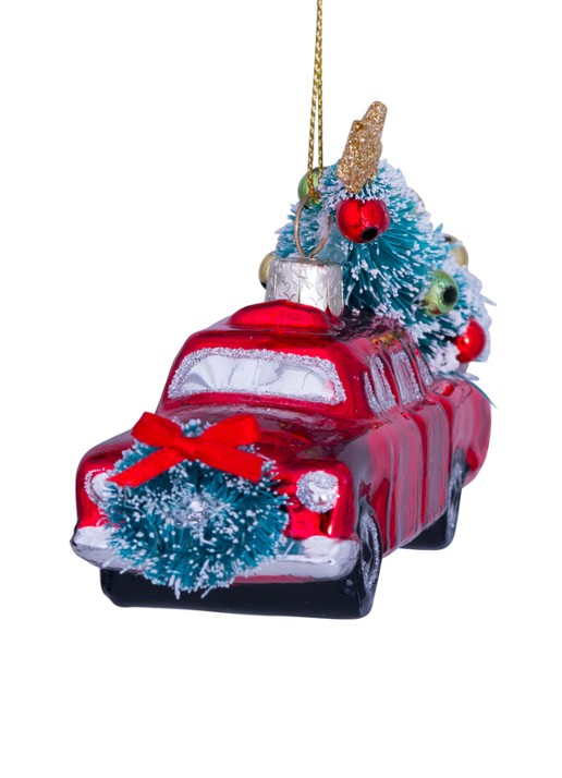 Vondels Auto met Kerstboom kersthanger 7,5 cm - detail 3 rood