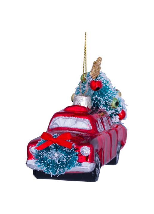 Vondels Auto met Kerstboom kersthanger 7,5 cm - voorkant 6 rood