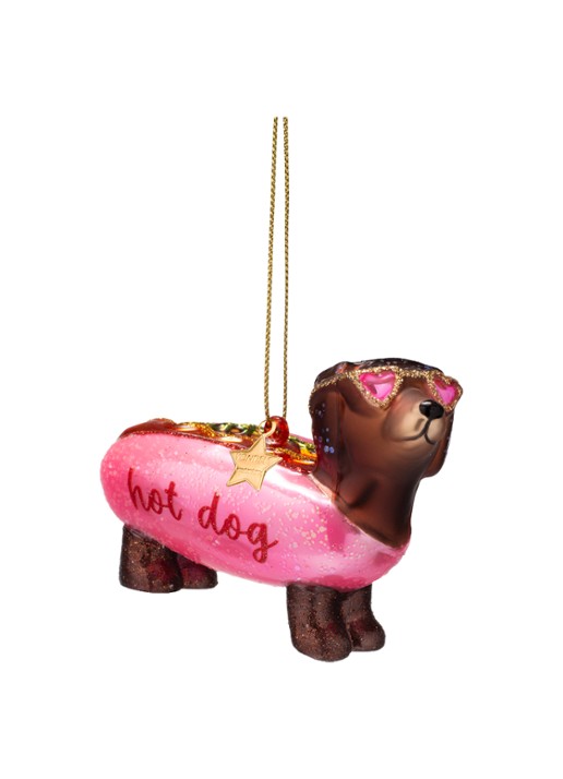 Vondels Bubblegum Hotdog Dachshund kersthanger 6 cm - detail roze