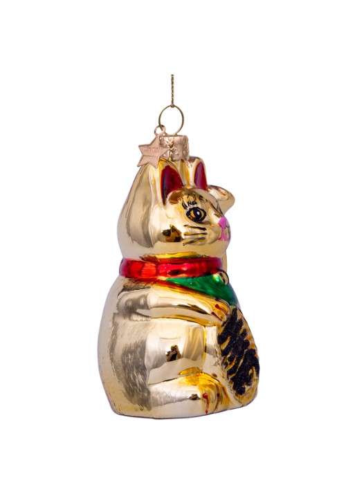 Vondels Lucky Cat kersthanger 10 cm - voorkant 3 goud