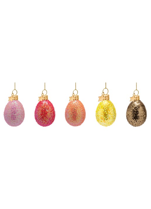 Vondels Paasei met glitter paasornament 6 cm set van 5 - voorkant multicolor