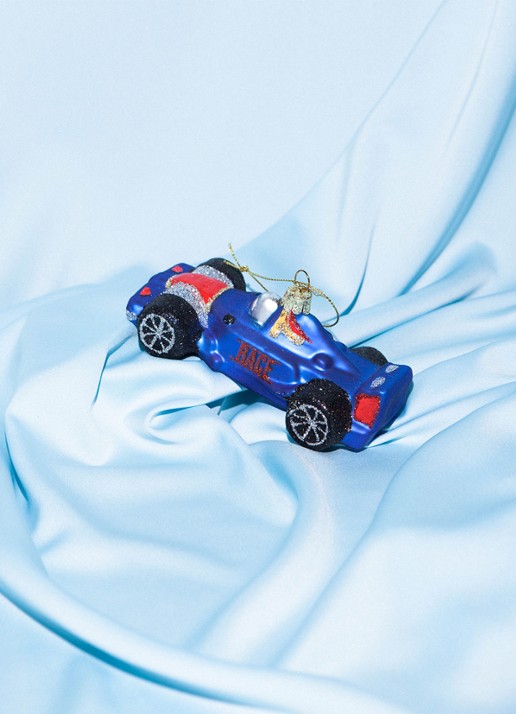 Vondels Raceauto kersthanger 5 cm - voorkant 3 kobaltblauw