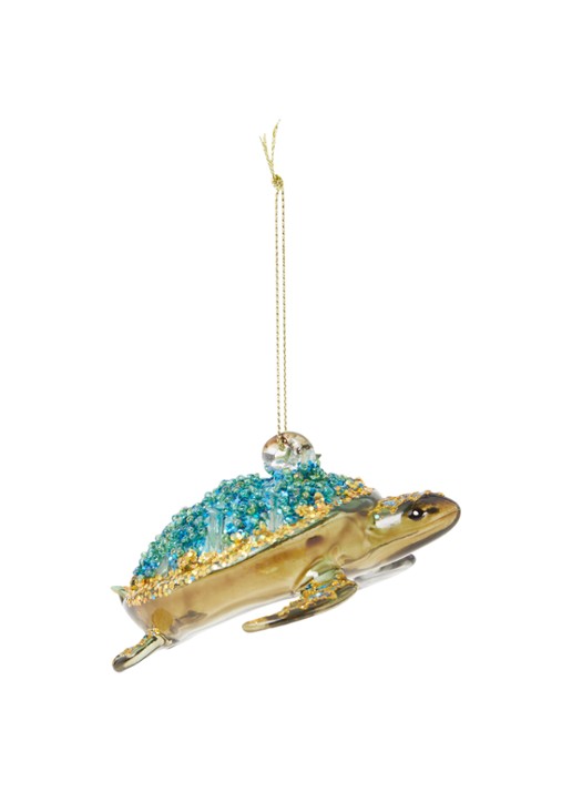 Vondels Schildpad met glitter kersthanger 7 cm - voorkant turquoise