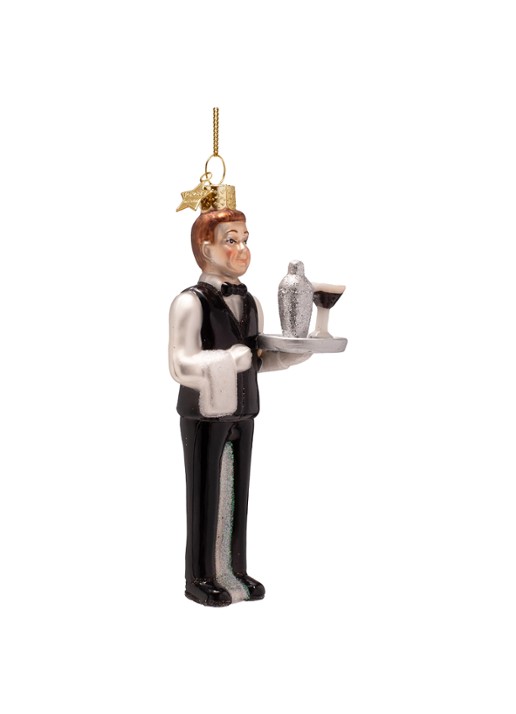 Vondels Serveerster met cocktail kersthanger 13 cm - voorkant 2 zwart