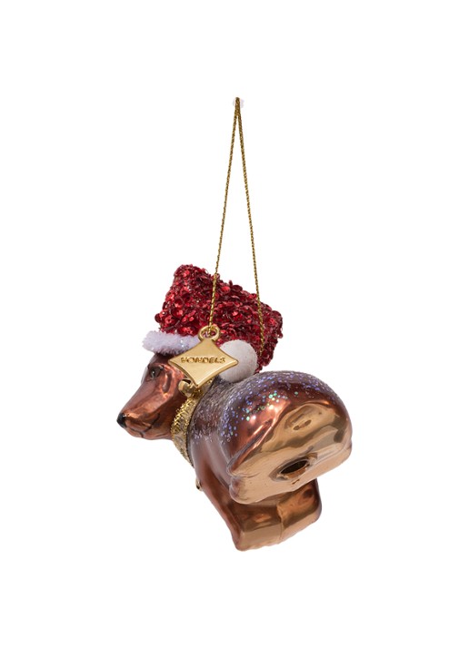 Vondels Teckel met kerstmuts kersthanger 8 cm - detail bruin