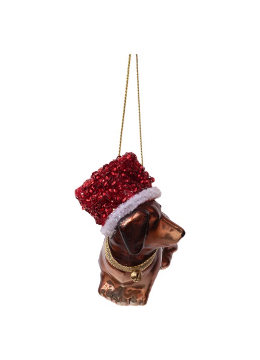 Vondels Teckel met kerstmuts kersthanger 8 cm - detail 2 bruin