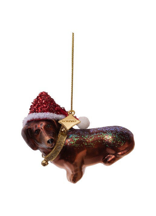 Vondels Teckel met kerstmuts kersthanger 8 cm - voorkant 5 bruin