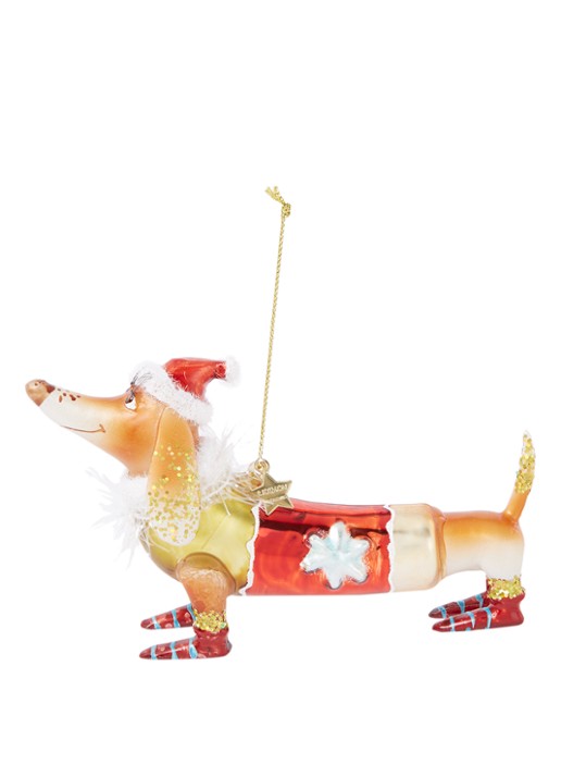 Vondels Teckel Met Kerstmuts kersthanger 9,5 cm - voorkant lichtbruin