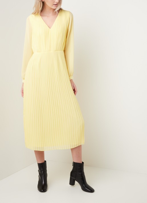 Warehouse Midi jurk met V-hals en plissé  - voorkant 2 geel