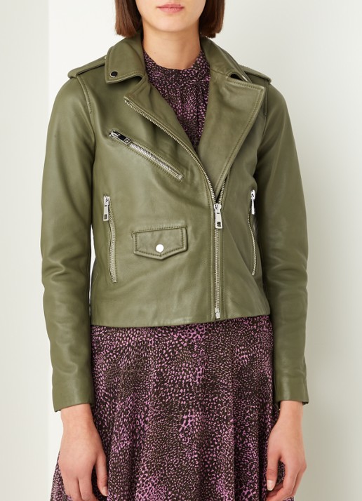 Whistles Agnes cropped bikerjack van schapenleer - detail 4 mosgroen
