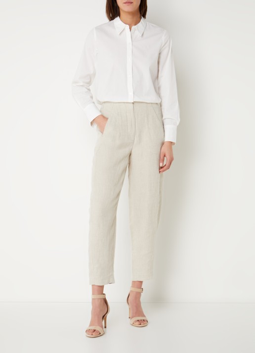 Whistles Barrel mid waist cropped tapered pantalon van linnen met steekzakken - voorkant 2 beige