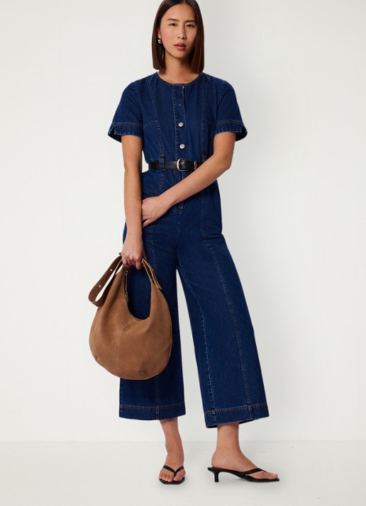 Whistles Cropped wide fit jumpsuit met strikceintuur - voorkant 5 indigo
