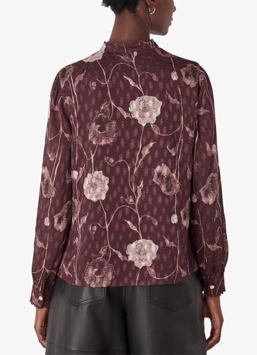 Whistles Dobby blouse met bloemenprint - achterkant 2 bordeauxrood