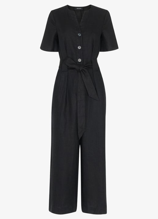 Whistles Fiona loose fit jumpsuit van linnen met strikceintuur - voorkant 3 zwart