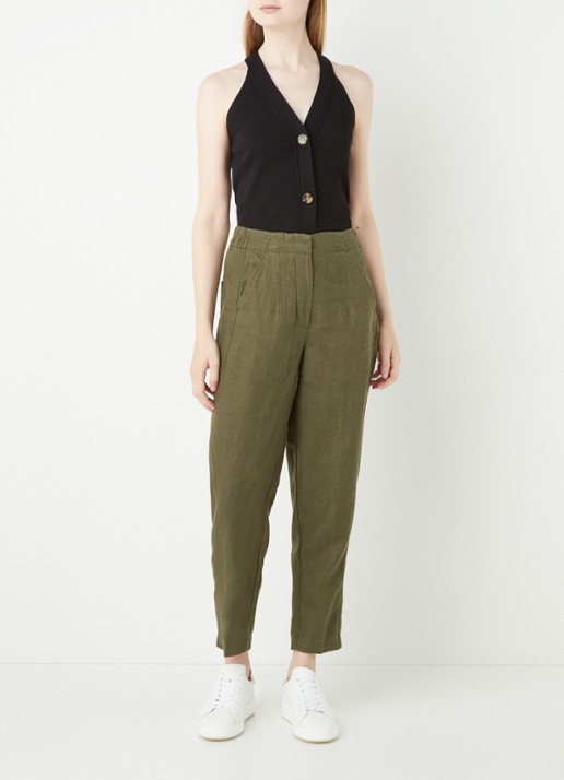 Whistles High waist tapered fit pantalon van linnen  - voorkant 3 legergroen