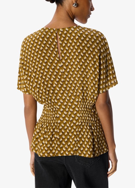 Whistles Ikat top met smockwerk en print - achterkant 6 bronsgroen