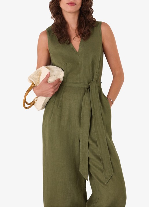 Whistles Jumpsuit van linnen met strikceintuur - detail 4 khaki