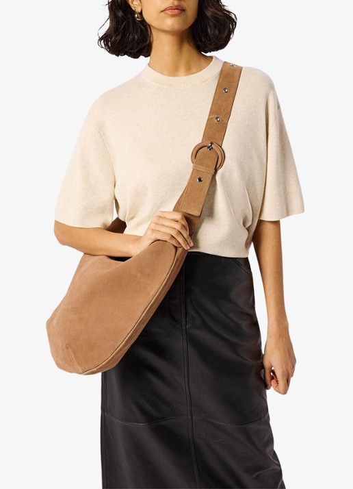 Whistles Large Sia crossbodytas van suède - voorkant 2 lichtbruin
