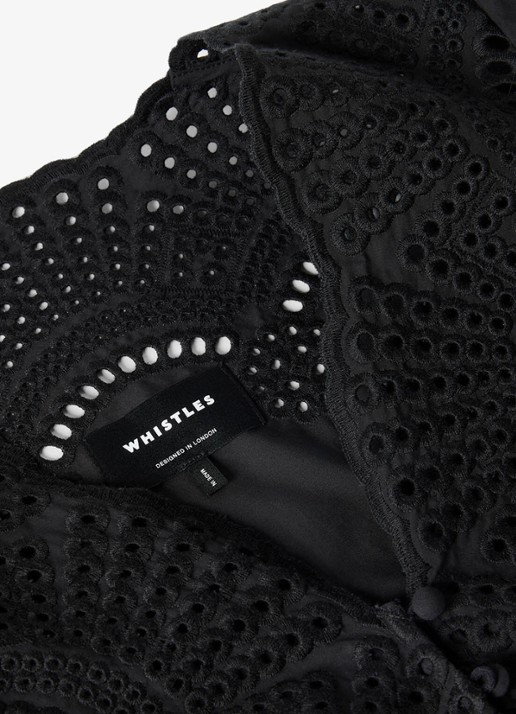 Whistles Midi blousejurk met broderie en pofmouw - detail 2 zwart