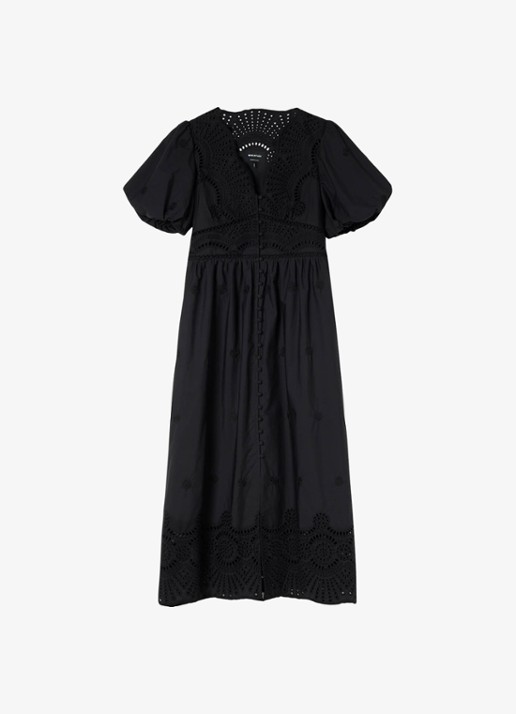 Whistles Midi blousejurk met broderie en pofmouw - voorkant 3 zwart