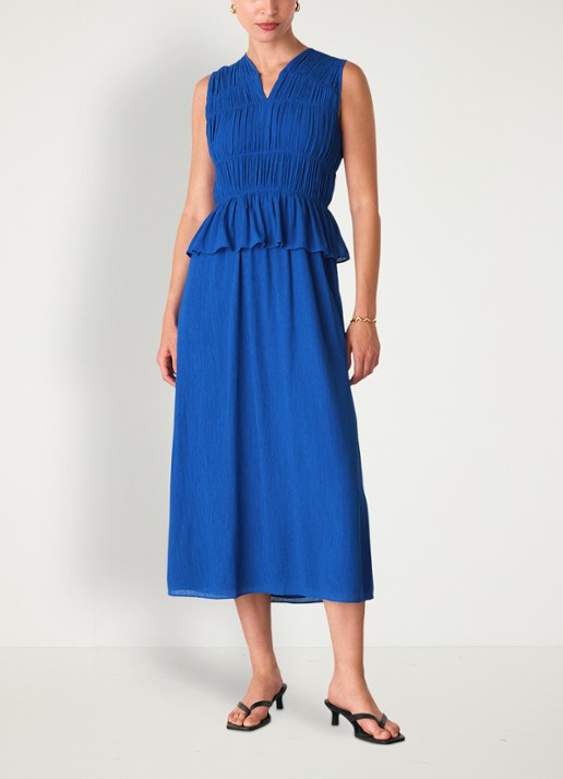 Whistles Midi jurk met smockwerk en volant - voorkant 2 kobaltblauw