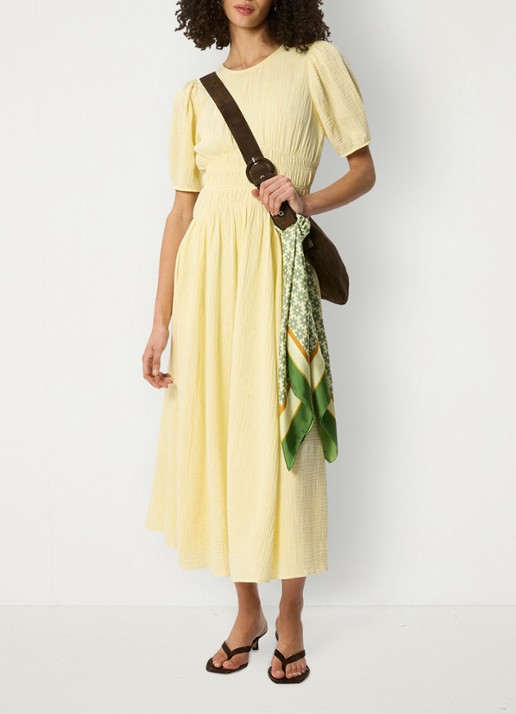 Whistles Midi jurk met structuur en pofmouw - voorkant 2 geel